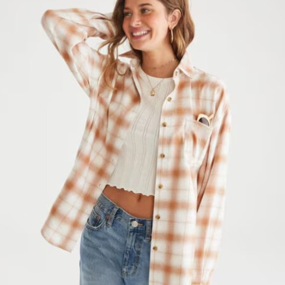 Aeropostale Long Sleeve Tan White Plaid Button-Down XS Shirt